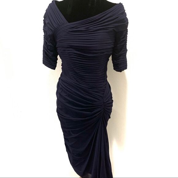 Tadashi Shoji Navy Blue Ruched Mesh Bodycon Dress - Picture 4 of 13